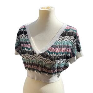 Free People Knit Top Vneck Geometric Jewel Tones Boho Preppy size Large SS